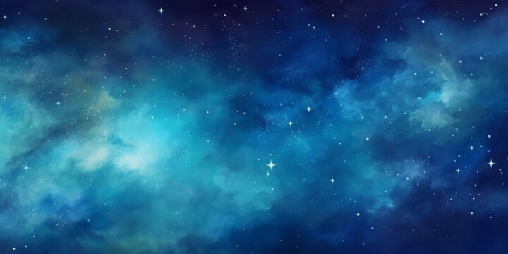 blue watercolor space background with stars, milky way, nebula, galaxy, cosmos milky way, blu background banner