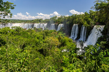 Beautiful view to waterfalls and green rainforest in Iguazu Falls