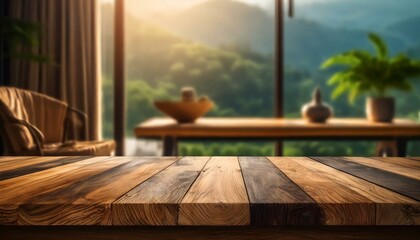 Wood table with blurred modern apartment interior background, Empty wooden tabletop with blurred living room background, wood, wooden,residential, Ai Generate	