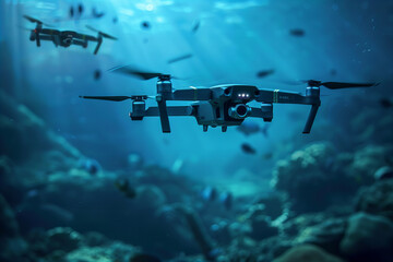 Title: Advanced Underwater Drones Exploring the Mysterious Oceanic Depths..Background color: Deep oceanic blue with varying shades..Word: Banner