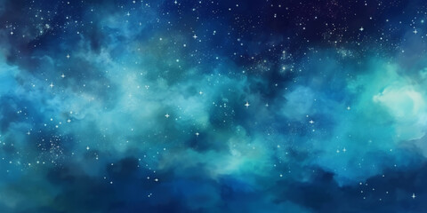Fototapeta na wymiar blue watercolor space background with stars, milky way, nebula, galaxy, cosmos milky way, blu background banner