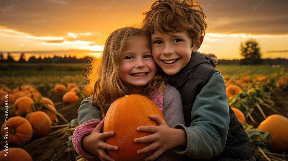 Poster A couple of kids holding a pumpkin in a field. Generative AI.