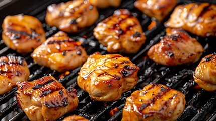 Chunks of chicken turning golden brown on the grill brushed with a glaze that caramelizes beautifully