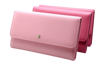 Two Pink Clutches Next to Each Other. Two pink clutches are placed next to each other on a flat surface. The clutches are of a similar design and color. On PNG Transparent Clear Background.