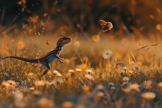 Compsognathus chasing butterflies leaping joyfully across a meadow