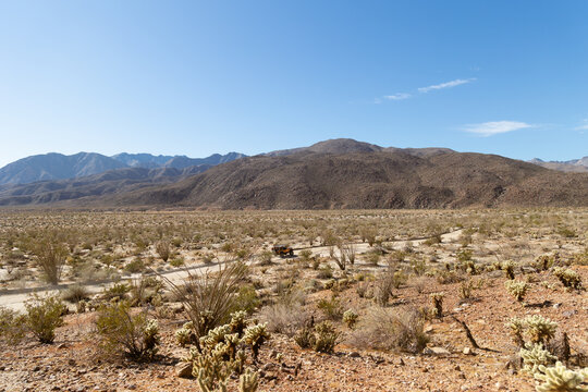 Vehicle driving on desert trail outside of Borrego Springs
