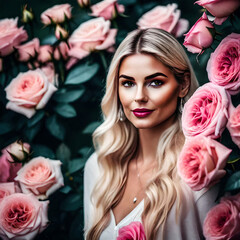 blonde woman surrounded by pink roses