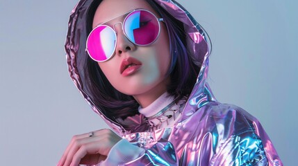 Asian woman in a futuristic outfit embodying cyberpunk aesthetics against a metallic silver...