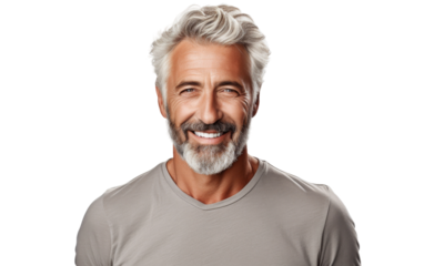 Smiling Elderly Man With Grey Hair. An older man with grey hair is smiling, his eyes crinkled at the corners. His facial expression exudes joy and contentment. On PNG Transparent Clear Background.