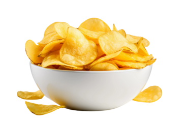A Bowl of Potato Chips. A bowl filled with crispy potato chips are neatly arranged, showcasing their golden brown color and ridged texture. On PNG Transparent Clear Background.