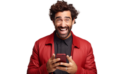 Man in Red Jacket Holding Smart Phone. A man in a red jacket is standing, holding a smart phone in his hand. He appears focused on the devices screen. On PNG Transparent Clear Background.