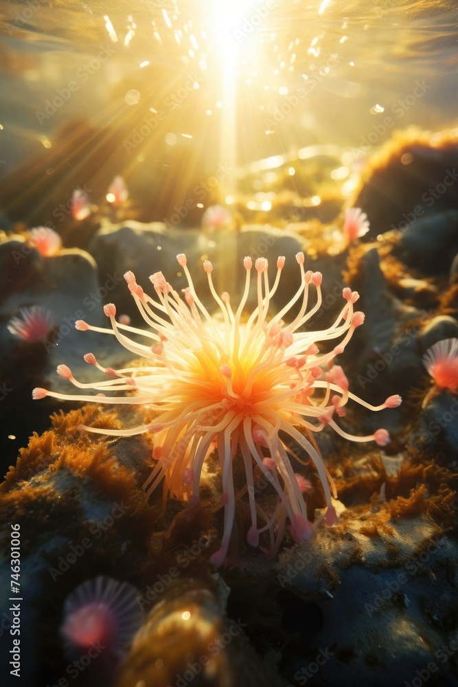 Poster A sea anemone in the water with the sun shining behind it. Generative AI.