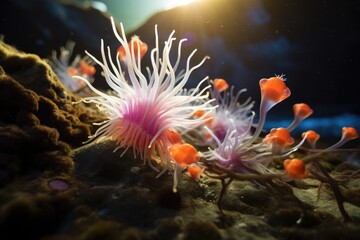 Obraz na płótnie Canvas A pink and white sea anemone on a rock. Generative AI.