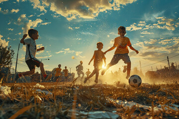 Children playing soccer on a dusty field at sunset. Action shot with dynamic movement. Childhood...