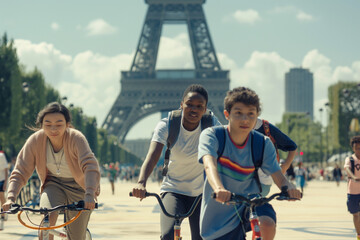 Young Cyclists' Adventure - Joyful Ride by Paris Landmark