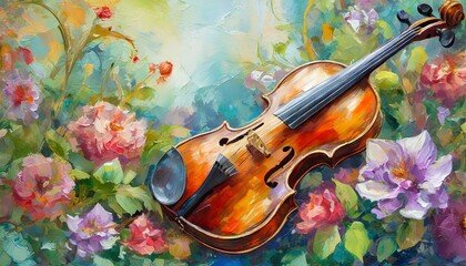 Fototapeta na wymiar Harmony Blooms: Oil Painting Style Horizontal Illustration with Violin and Flowers