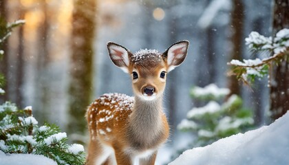 Winter's Innocence: Adorable Baby Deer Amidst Frosty Forest"