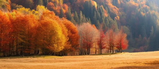 A group of autumn trees standing amidst lush grass in the beautiful Alps forest.