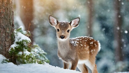 Obraz premium Winter's Innocence: Adorable Baby Deer Amidst Frosty Forest