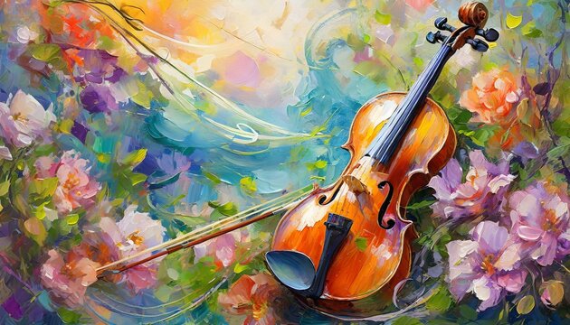 Harmony Blooms: Oil Painting Style Horizontal Illustration with Violin and Flowers"