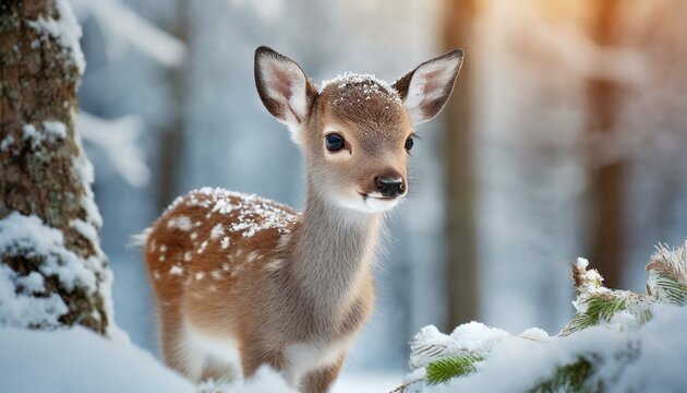 Winter's Innocence: Adorable Baby Deer Amidst Frosty Forest"