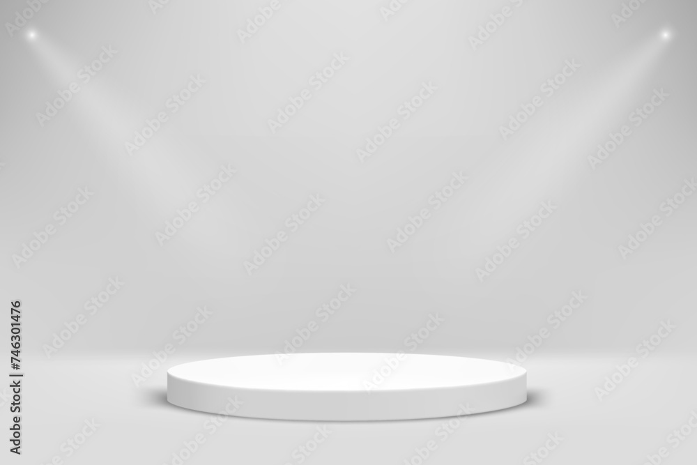 Aufkleber white room with showcase and bright lamps. realistic showcase for product advertisement. 3d vector i