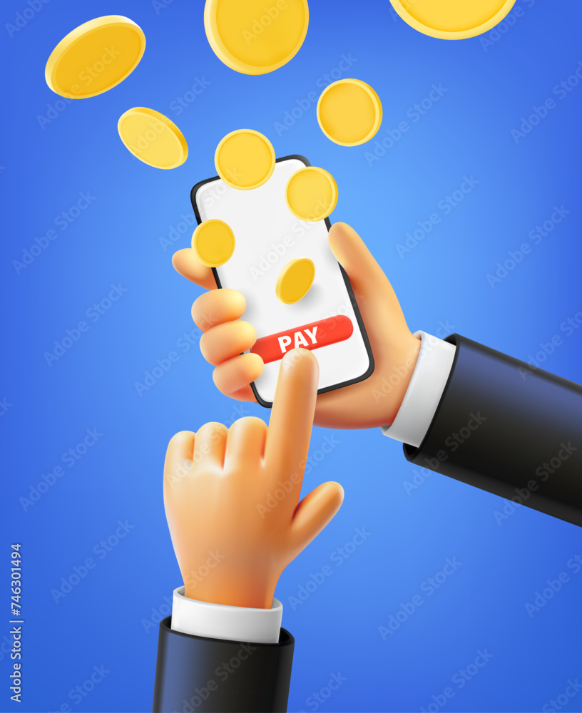 Poster Man using smartphone to pay via internet. 3d vector illustration