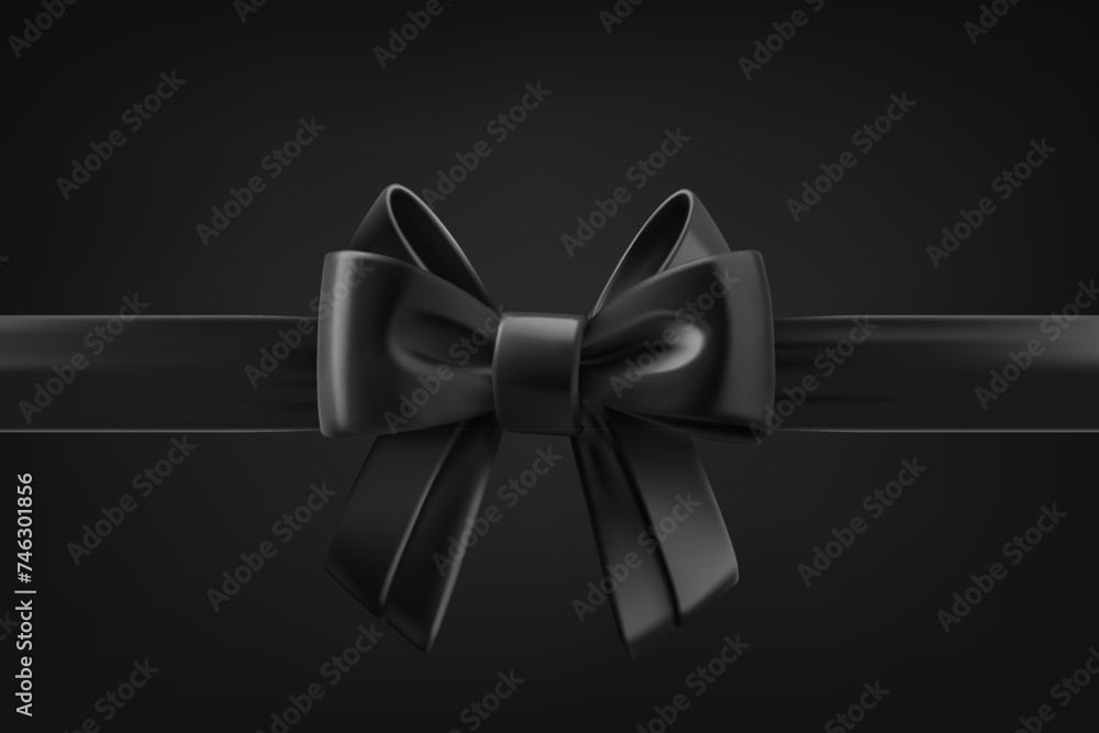 Poster black ribbon with bow on black background. 3d vector design template