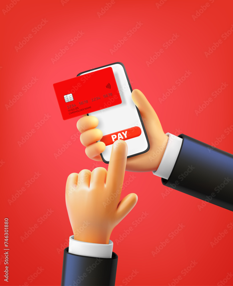 Poster Man using smartphone to pay via internet with the card. 3d vector illustration
