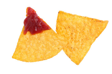 Nachos Mexican chips.Nachos chips corn chips with sauce isolated on white background with clipping path.