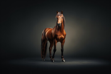 A beautiful horse standing in a dark room, up on its hind legs. - 746301896