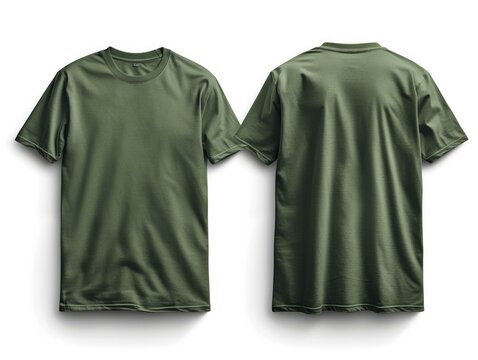 Two green t - shirts mock up on white background. Generative AI.