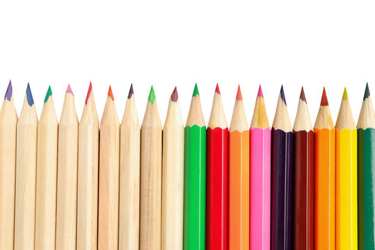 wooden colored pencil set on white background with clipping path.