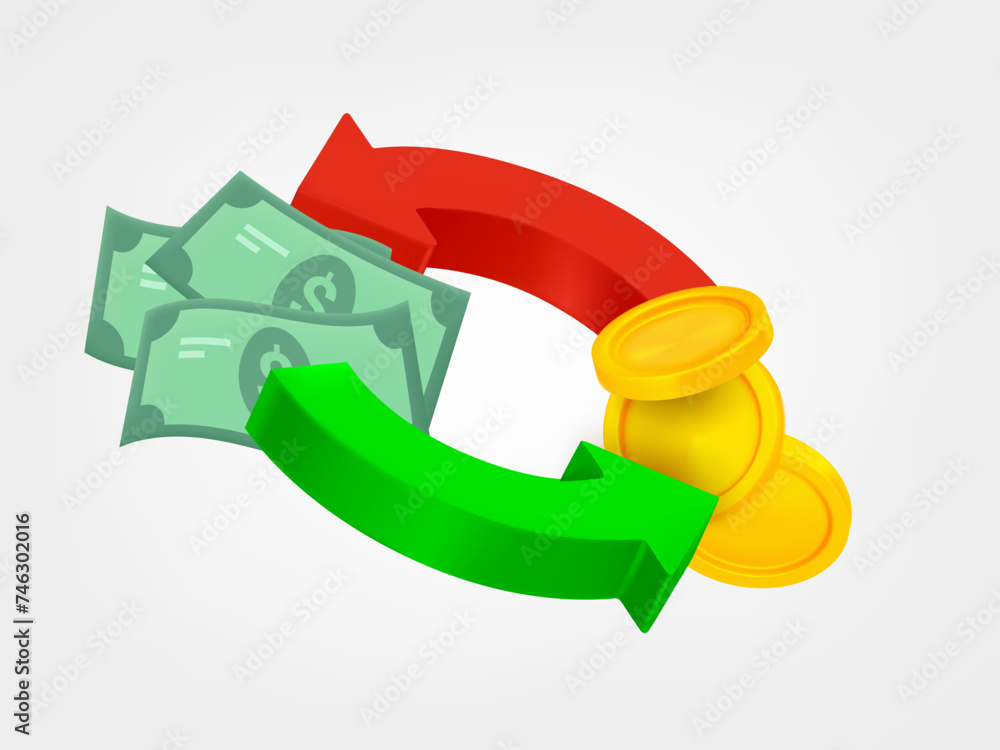 Poster two arrows with coins and dollar banknotes. money change concept. 3d vector icons isolated on white 