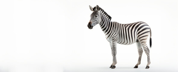 An animal, a zebra with stripes, standing in front of a white background.