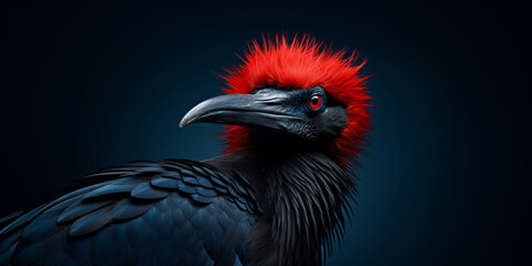 A closeup portrait shot of a bird with a feathered head wearing a crown of bright feathers.