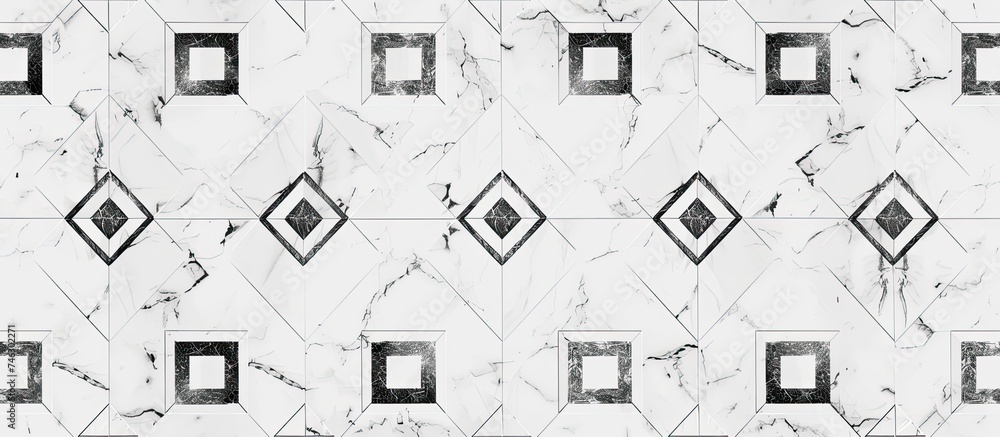 Poster a black and white patchwork pattern composed of alternating squares arranged in a seamless geometric