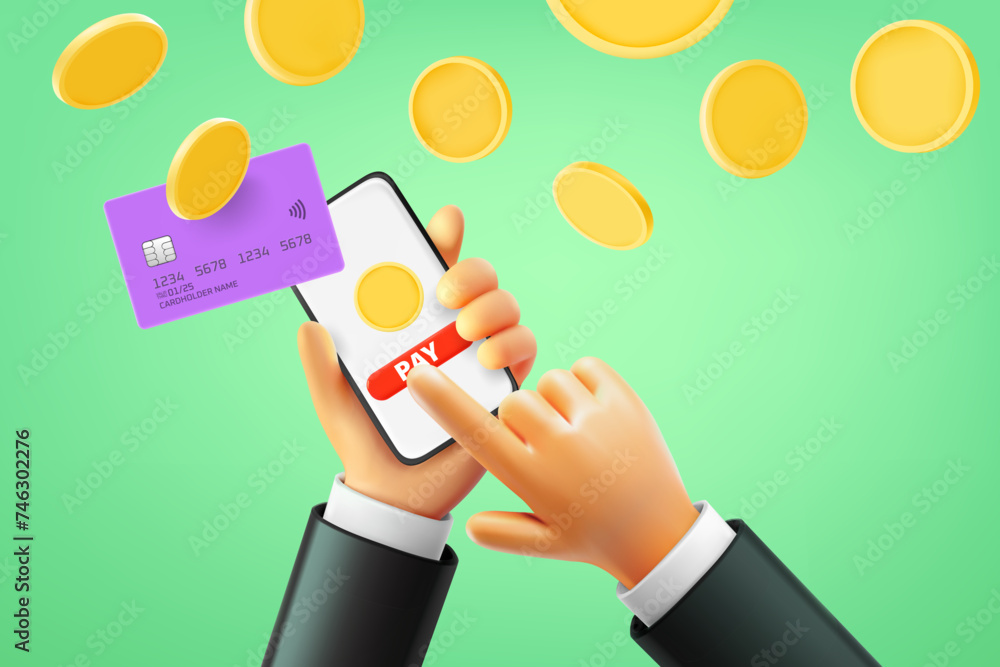 Poster Man making payment via smartphone. 3d vector illustration
