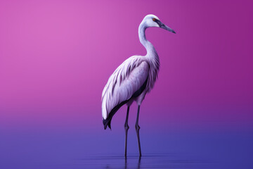 A large white crane, a colorful bird with a long, standing on top of a body of water.