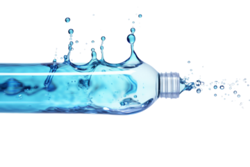 Blue Bottle Splashing Water. A blue bottle with water splashing out of it, creating a dynamic and lively scene. The clear liquid forms droplets in mid air. On PNG Transparent Clear Background.