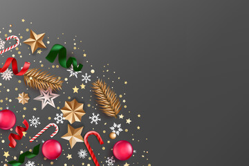 Fototapeta na wymiar Christmas greeting card with holiday decorationю 3d vector