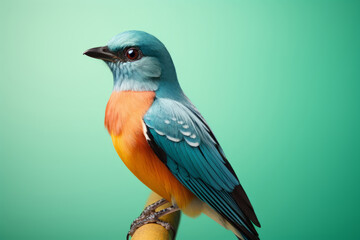 A colorful bird with a long, a blue and orange bird perched on a branch.