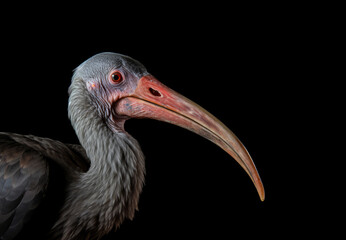 Fototapeta premium A portrait of a big bird with a long, big beak against a deep black background.