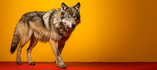 A wolf with yellow eyes standing in front of an orange background on a yellow background.