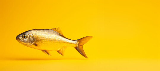 Fototapeta premium A golden fish in water on a yellow background in front of an orange background.