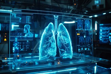 Digital hologram of the human anatomy lungs pulsating in a soft blue hue used for patient education in modern clinics