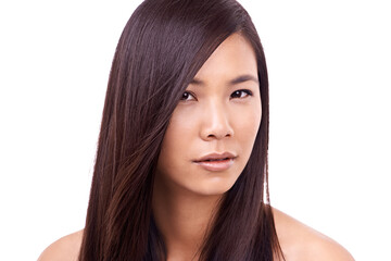 Woman, portrait and keratin for haircare in studio, beauty and pride in hair treatment for growth. Asian female person, confidence and shampoo for cosmetics on white background, dermatology and care