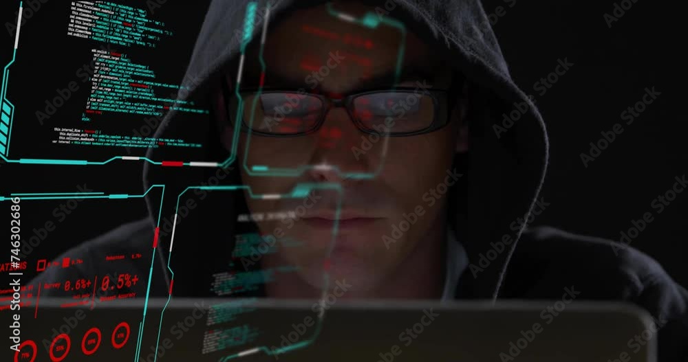 Poster animation of digital data processing on screens over caucasian man using computer