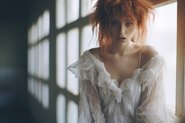 A redhead woman with red hair standing in front of a window. - obrazy, fototapety, plakaty