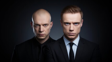 Two men in suits with extremely sharp faces, standing next to each other, beautiful male twins portrait.